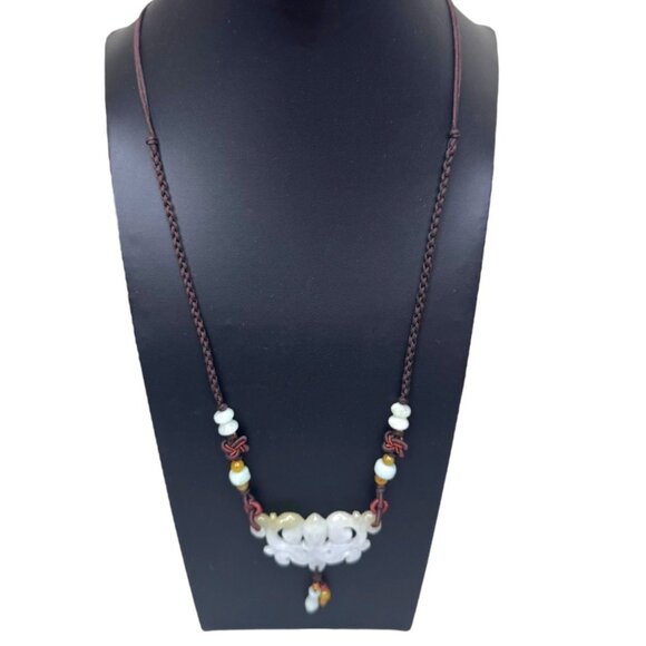 Artisan Jade Lotus Pendant Necklace Handcrafted Braided Knotted Silk Cord 22" - Picture 2 of 6